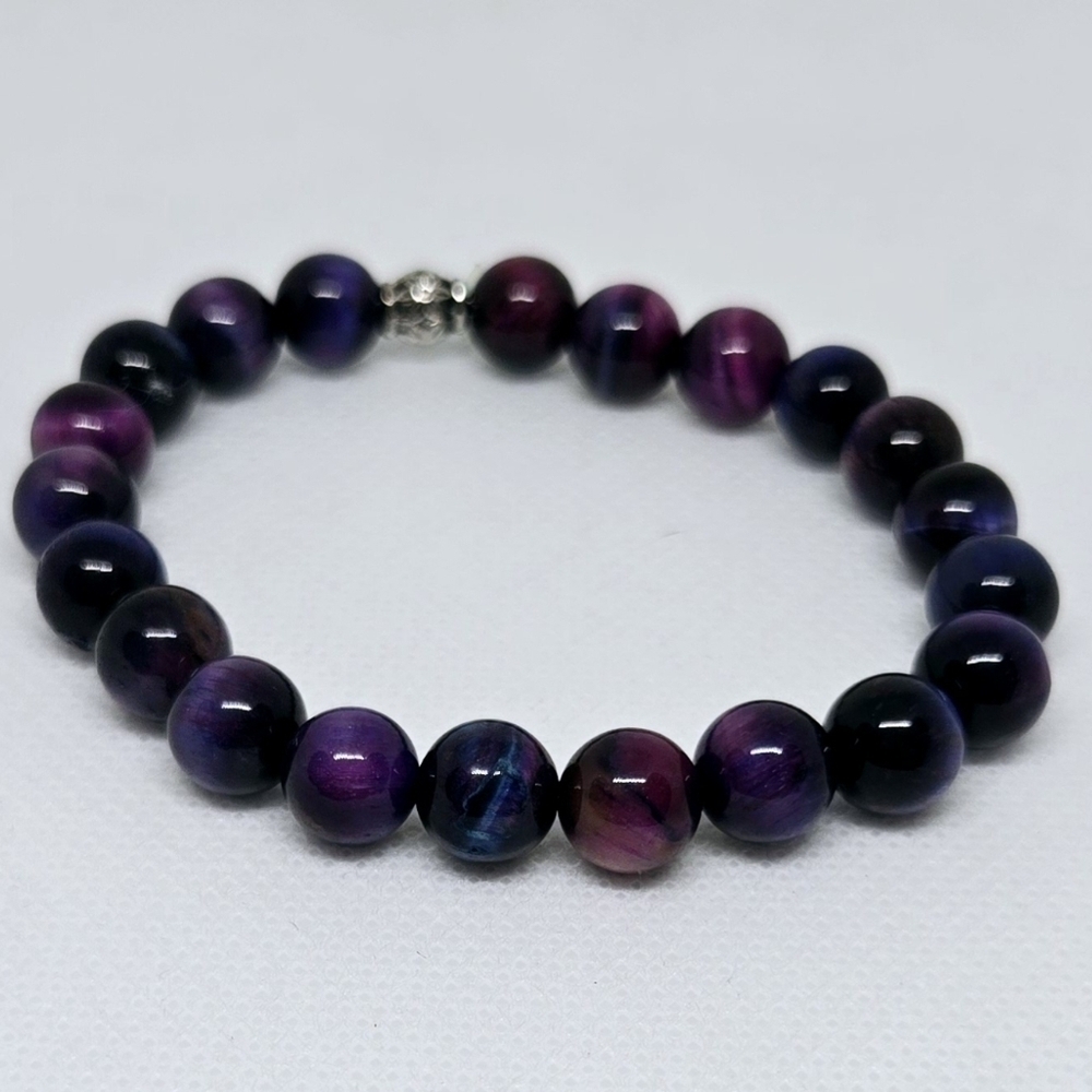 Purple Tigers Eye Bracelet Dyed Gemstone 8mm Bead Stretch Unisex